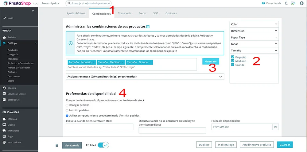 Imagen que muestra la pantalla en la que se crean las combinaciones de productos según los atributos en tiendas online creadas con Prestashop 1.7 Imagen que muestra la pantalla en la que se crean las combinaciones de productos según los atributos en tiendas online creadas con Prestashop 1.7