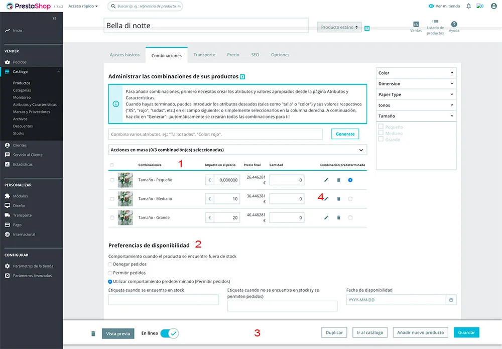 Imagen de la pantalla combinaciones al crear producto en tienda online creada con Prestashop 1.7 Imagen de la pantalla combinaciones al crear producto en tienda online creada con Prestashop 1.7