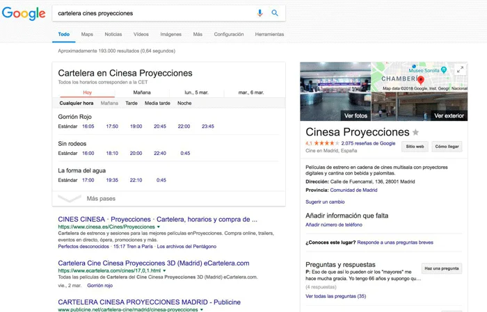 SERP para cine con destacados
