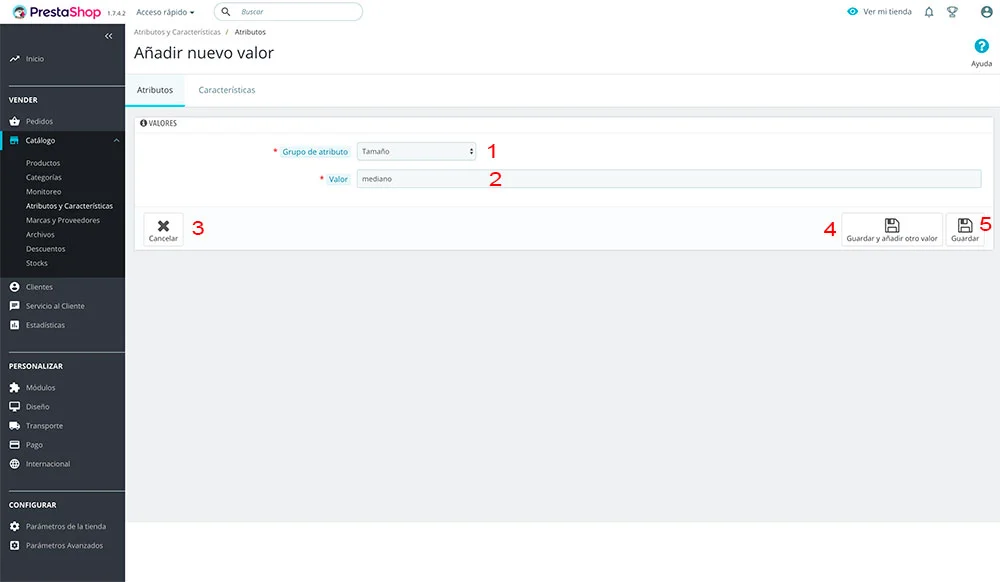 En esta imagen se ve la pantalla de Prestashop 1.7 para crear los valores de los atributos de productos de la tienda online. En esta imagen se ve la pantalla de Prestashop 1.7 para crear los valores de los atributos de productos de la tienda online.