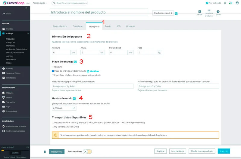 Prestashop 1.7.  Configuración avanzada del transporte de productos