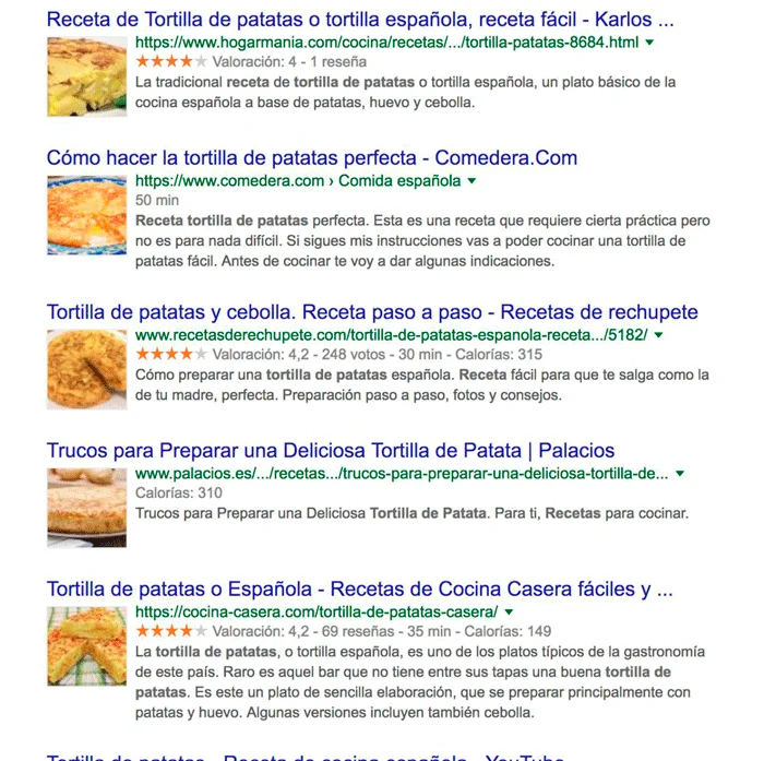 Fragmentos destacados recetas SERP
