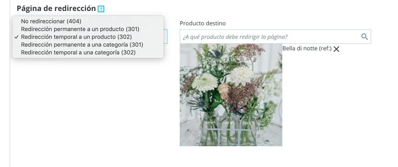 Prestashop 1.7. Página de cómo crear una redirección de un producto desactivado.