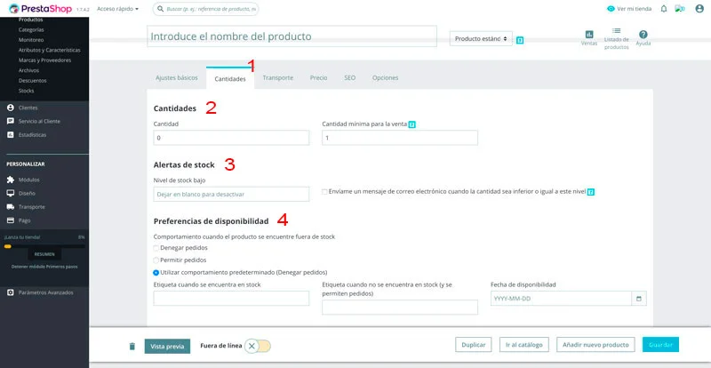Prestashop 1.7.  Página de configuración avanzada de cantidades.