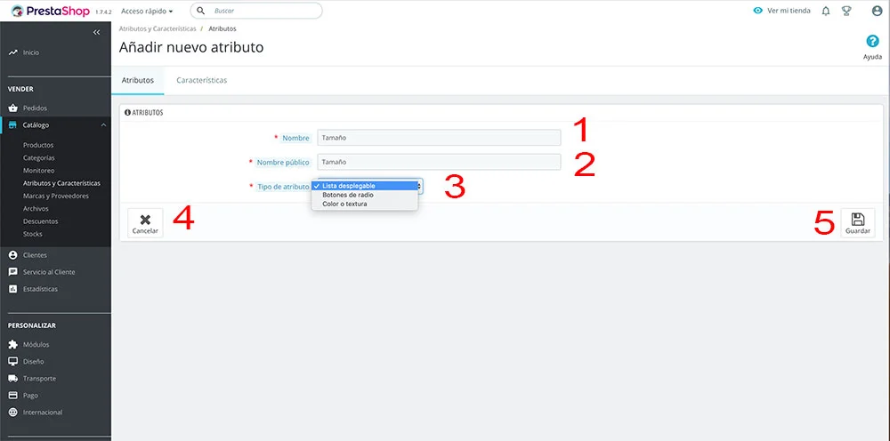 Pantalla de Prestashop 1.7 en la que puede verse los pasos necesarios para añadir un nuevo atributo de producto en una tienda online con prestashop Pantalla de Prestashop 1.7 en la que puede verse los pasos necesarios para añadir un nuevo atributo de producto en una tienda online con prestashop