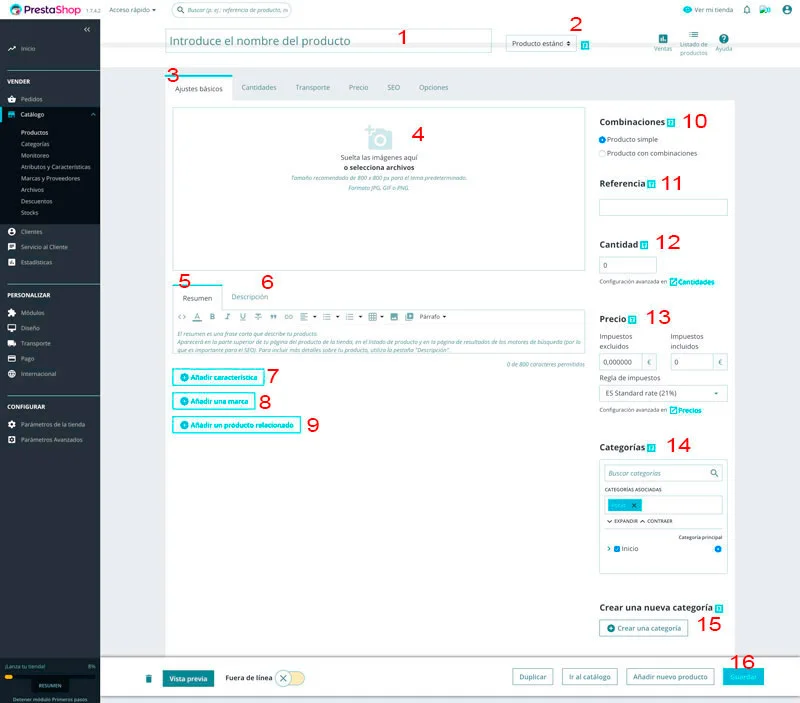 Prestashop 1.7. Página de ajustes básicos de productos