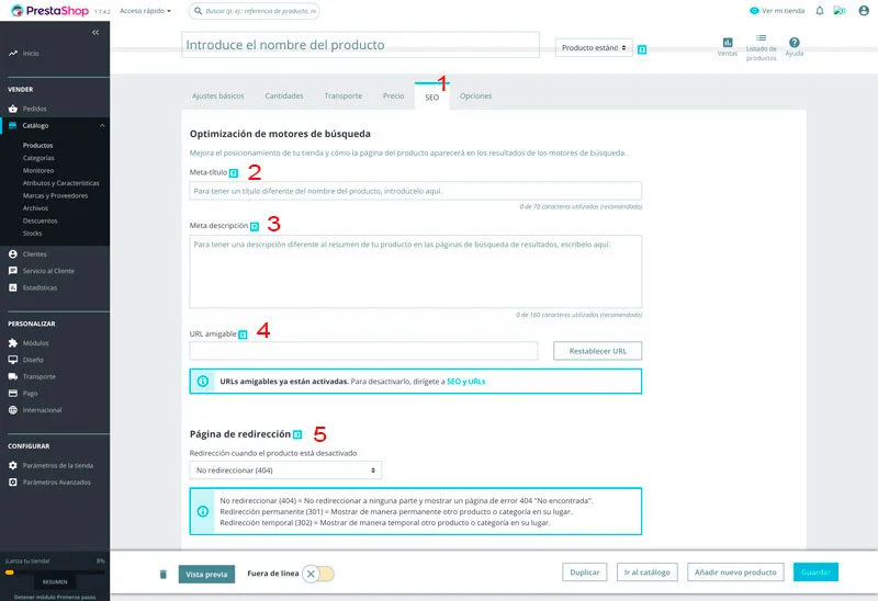 Prestashop 1.7 página de configuración SEO de producto