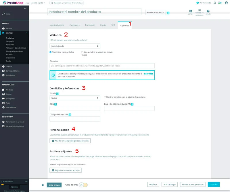 Prestashop 1.7.  Página de configuración de opciones de producto