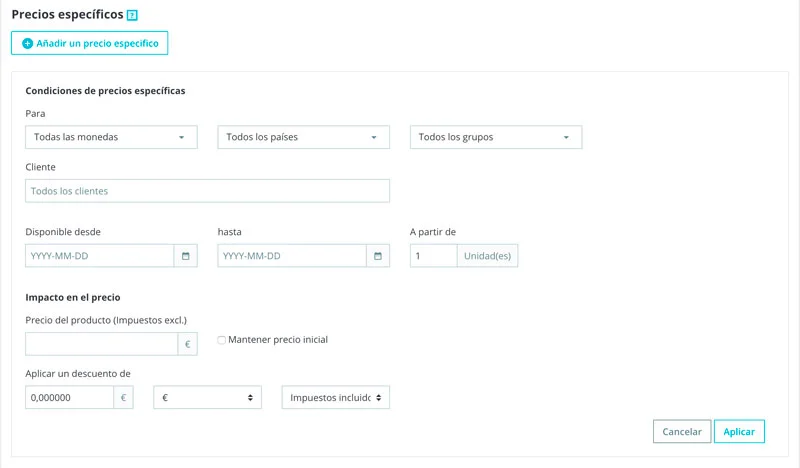 Prestashop 1.7. Pantalla de configuración de precios específicos de productos