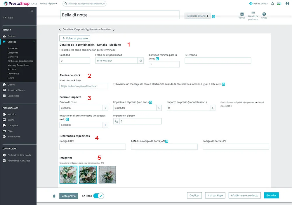 Pantalla para configurar cada una de las variaciones de un producto en tiendas online creadas con Prestashop 1.7 Pantalla para configurar cada una de las variaciones de un producto en tiendas online creadas con Prestashop 1.7