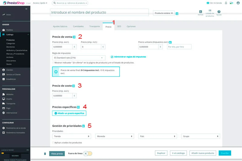 Prestashop 1.7.  Página de configuración de precio de producto