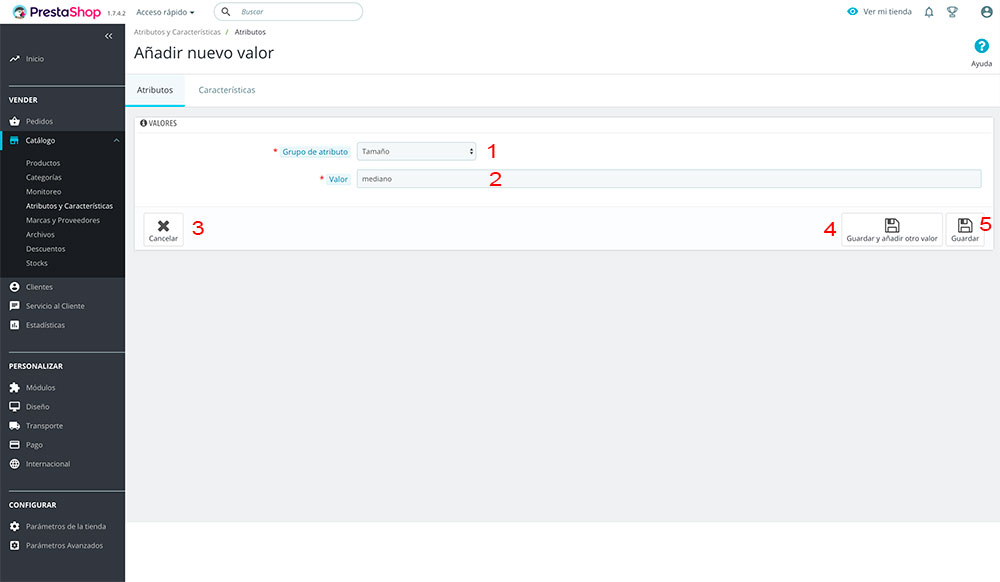 En esta imagen se ve la pantalla de Prestashop 1.7 para crear los valores de los atributos de productos de la tienda online.